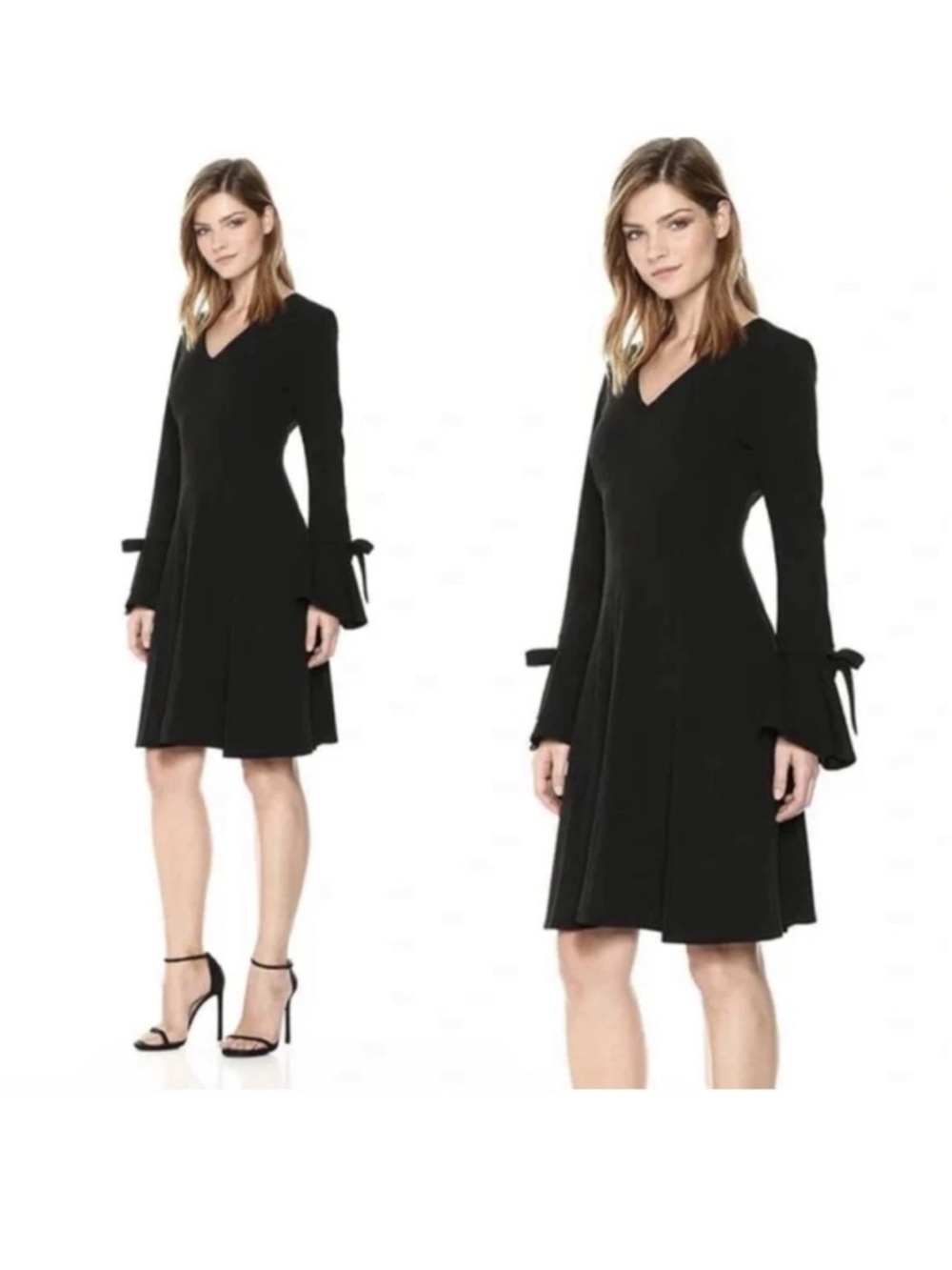 Calvin Klein Black V-Neck Long Sleeve A-Line Dress with Tie Cuffs